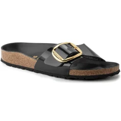 Sandals-Birkenstock Madrid Natural Leather Big Buckle Sandals for Women High Shine Black