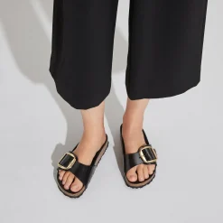 Sandals-Birkenstock Madrid Natural Leather Big Buckle Sandals for Women High Shine Black