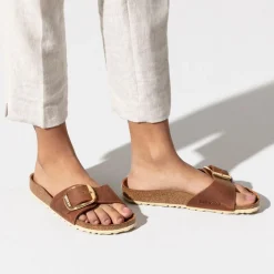 Sandals-Birkenstock Madrid Oiled Leather Big Buckle Sandals for Women (Medium/Narrow) Cognac