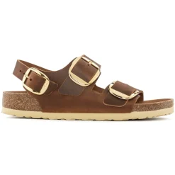 Sandals-Birkenstock Milano Big Buckle Oiled Leather Sandals for Women (Medium/Narrow) (SALE) Cognac
