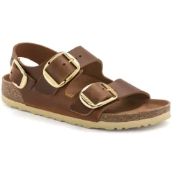 Sandals-Birkenstock Milano Big Buckle Oiled Leather Sandals for Women (Medium/Narrow) (SALE) Cognac