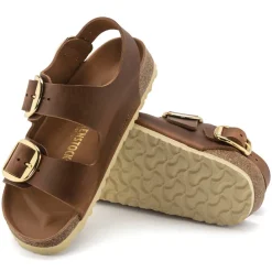 Sandals-Birkenstock Milano Big Buckle Oiled Leather Sandals for Women (Medium/Narrow) (SALE) Cognac