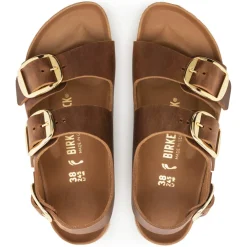 Sandals-Birkenstock Milano Big Buckle Oiled Leather Sandals for Women (Medium/Narrow) (SALE) Cognac